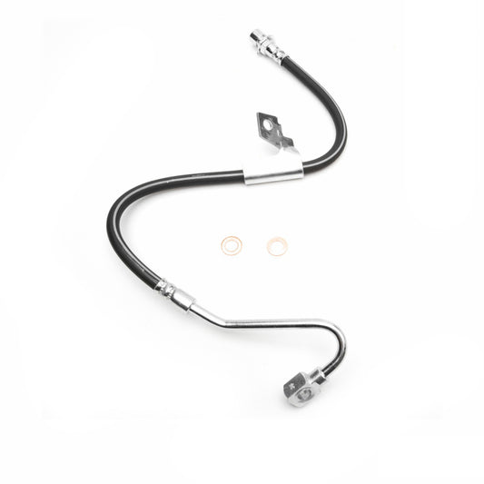 DFC Chevrolet S10 front-left brake hose from the brake line kit, showing the flexible rubber brake line with metal fittings.