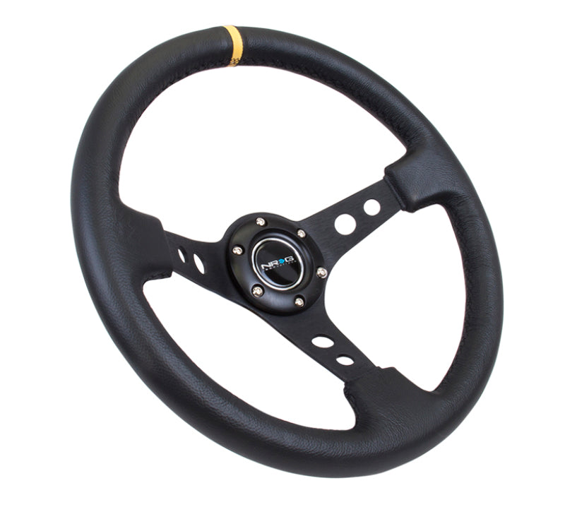 NRG reinforced 350mm black leather steering wheel with cutout spoke and yellow center mark, suitable for racing or custom vehicles.