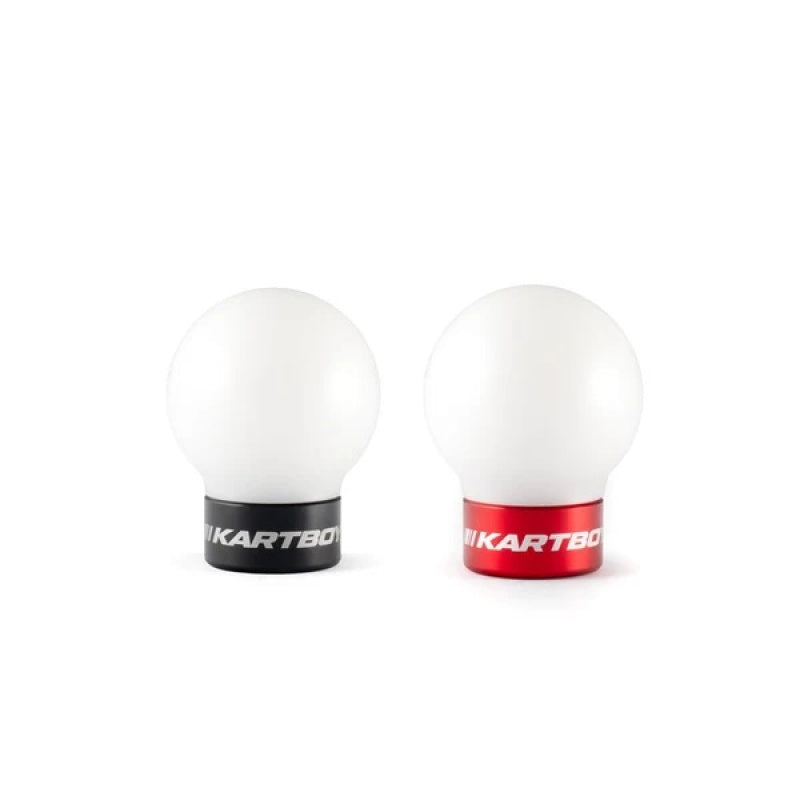 Kartboy StackLock Tarmac shift knob kit with white Delrin ball, stainless steel core, and black and red trim rings