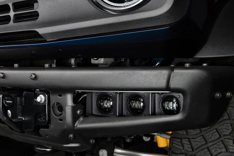 ORACLE Lighting Ford Bronco triple LED fog light kit mounted on steel bumper, white fog lights for 2021-2022 Ford Bronco.