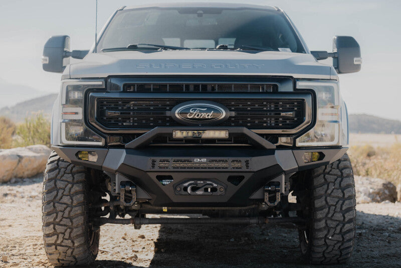 DV8 Offroad steel front bumper for Ford Super Duty F-250/F-350 2017-2022, heavy-duty off-road vehicle bumper with rugged design.