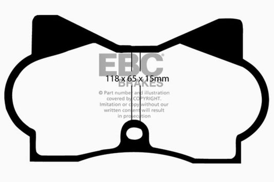 EBC De Tomaso Pantera 5.7 Redstuff front brake pads for high-performance braking, showcasing red friction material and metal backing plates.