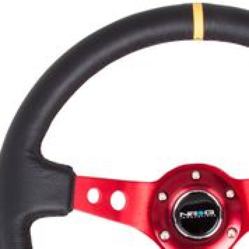 NRG reinforced 350mm black leather steering wheel with red spokes and single yellow center mark, sports car steering wheel.
