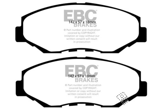 EBC Redstuff front brake pads for Acura ILX 1.5 Hybrid, performance brake pads with red friction material, shown from front angle.