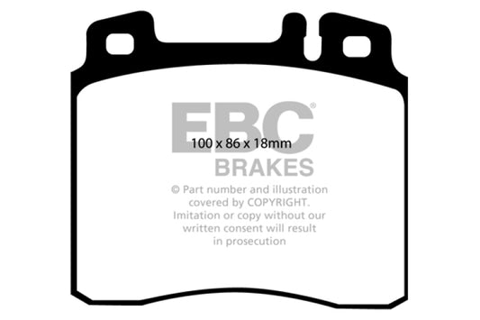 EBC Greenstuff front brake pads for Mercedes-Benz CL500 98-99, performance brake pads with green friction material, close-up view.