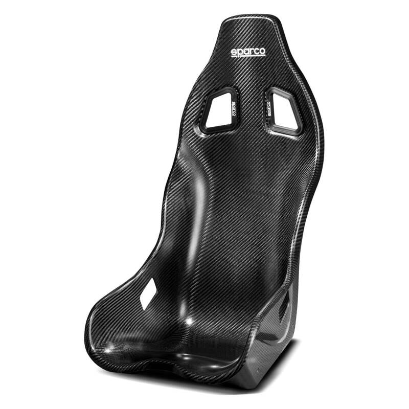 Black Sparco Ultra Carbon race seat with racing harness in a car interior, designed for racing and high-performance driving.
