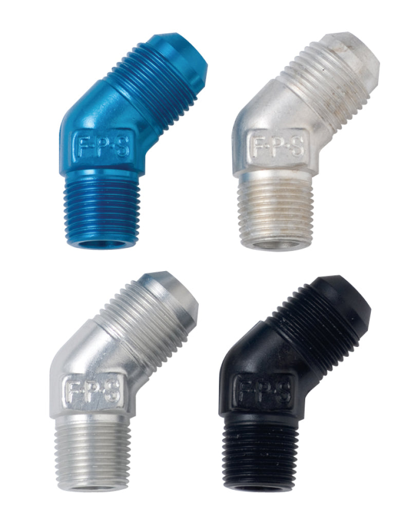 Fragola 45-degree clear fitting adapter with -4AN to 1/8 NPT connections, designed for fluid lines and plumbing systems.
