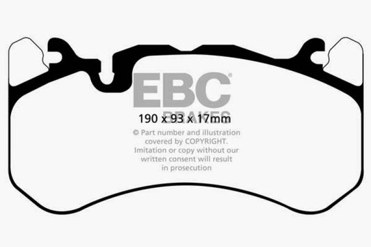 EBC Redstuff front brake pads for Audi RS7 4.0TT with cast iron rotors and trapezoid weights, performance brake components
