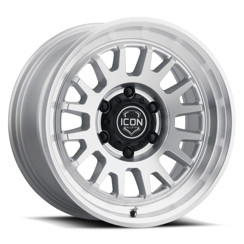ICON Anza 17x8.5 silver machined cast wheel with 5x150 bolt pattern and 25mm offset, showing the detailed wheel design.