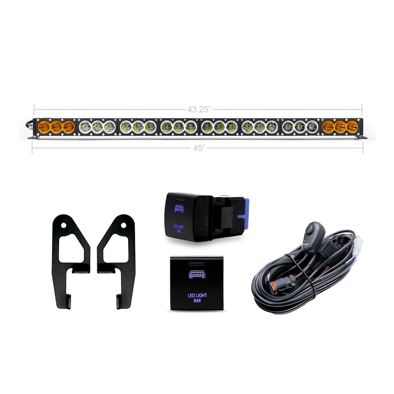 Cali Raised LED 2024+ Toyota Tacoma premium roof rack front light bar kit with dual-function 43-inch LED light bar installed.