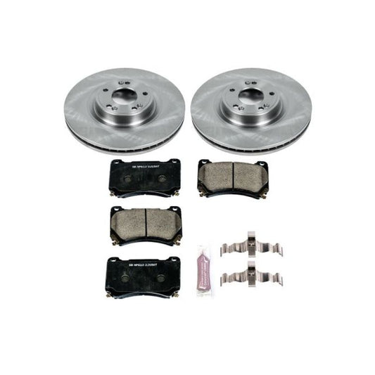PowerStop OE front brake kit for 2009-2014 Hyundai Genesis, includes brake rotors and pads, installed on vehicle.