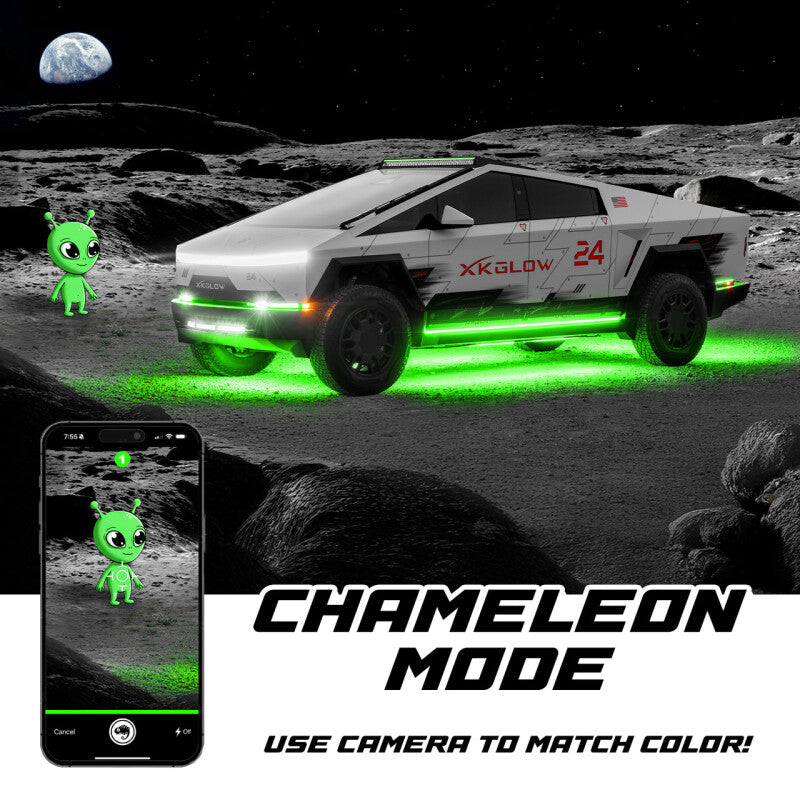 XKGLOW Tesla Cybertruck underglow LED light kit with RGBW chasing lights installed underneath vehicle.