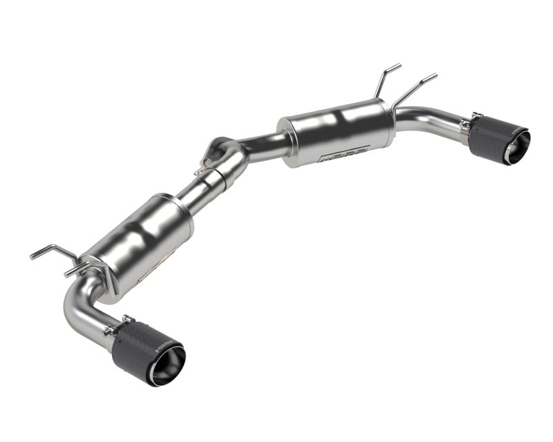 MBRP Mazda 3 Hatchback 19-23 T304SS axle-back exhaust with dual rear exit and carbon fiber tips, showcasing polished stainless steel design.
