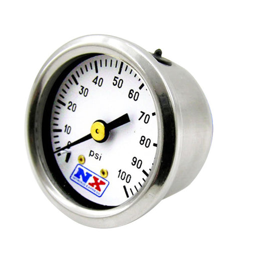 Nitrous Express fuel pressure gauge showing 0-100 PSI range with black dial and silver bezel for automotive performance monitoring.