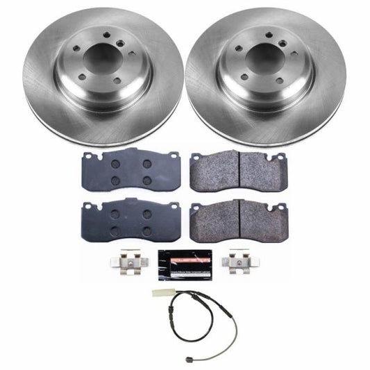 PowerStop front track day brake kit for BMW 135i, performance brake components with drilled and slotted rotors installed
