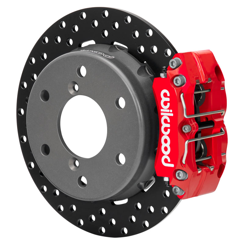 Wilwood 2024 Can Am Maverick rear brake kit with 11.60-inch drilled red brake rotors and performance brake components.