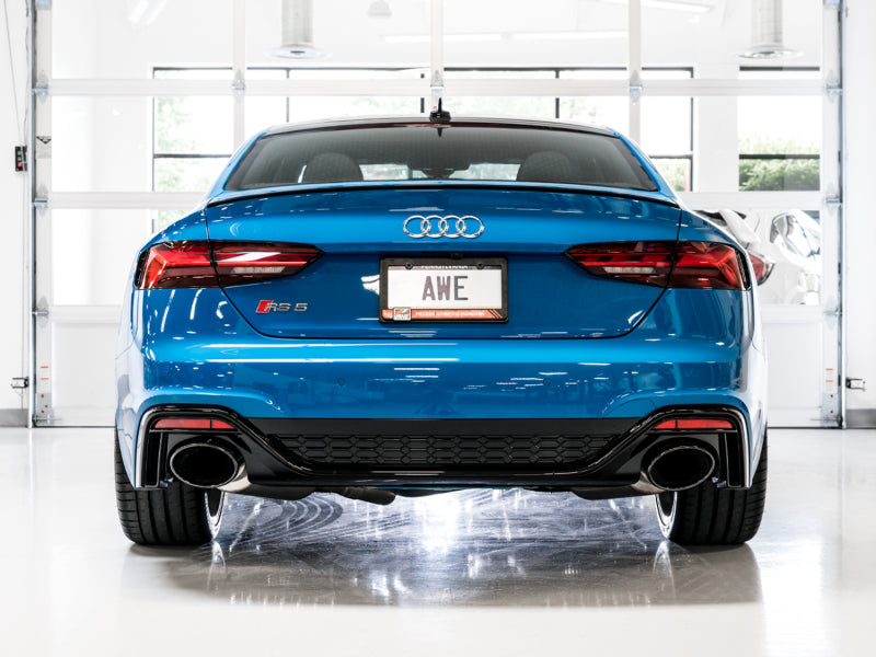 AWE Tuning Audi B9.5 RS5 Sportback catback exhaust with black diamond tips, non-resonated touring edition, shown from the rear.