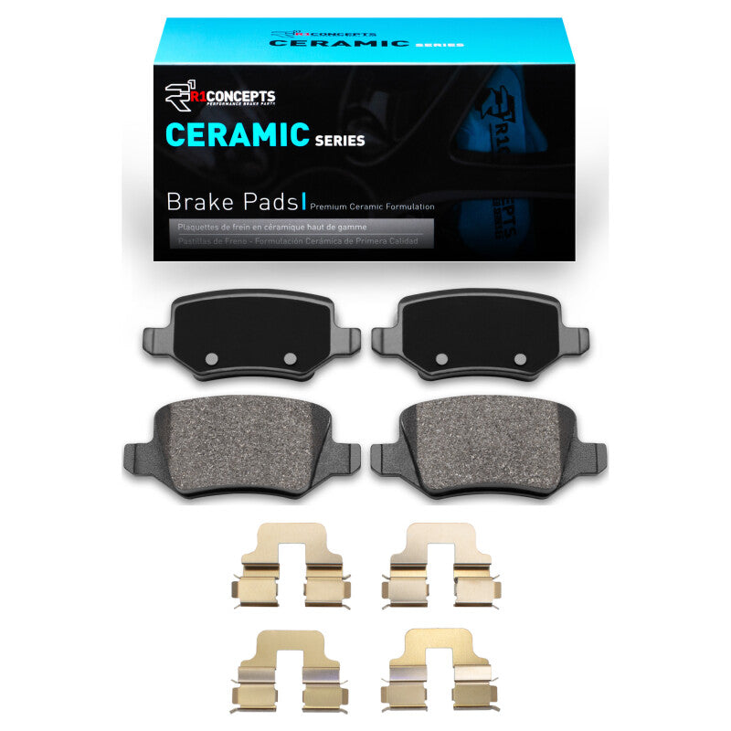 R1 Concepts Mercedes-Benz B200 rear ceramic brake pads and hardware kit, OE quality, with brake components and hardware visible.