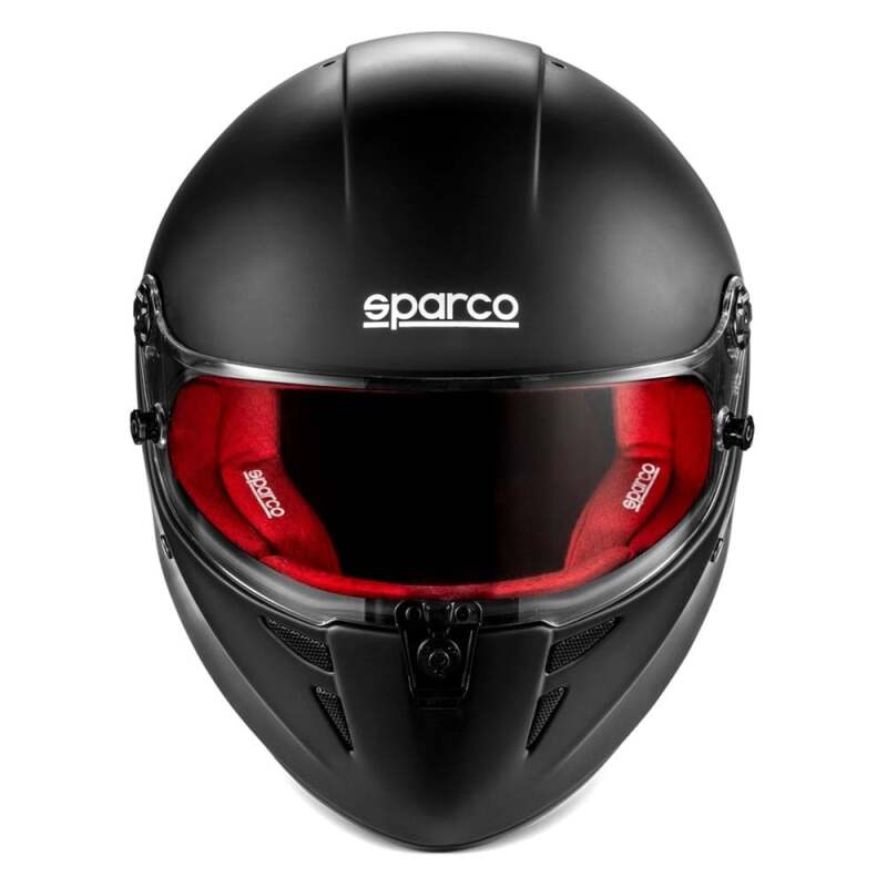 SPARCO Stealth RF helmet in matte black and red, medium/large size, featuring aerodynamic design and ventilation.