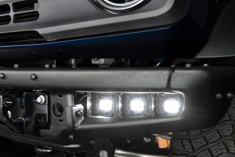 ORACLE Lighting 21-22 Ford Bronco triple LED fog light kit installed on steel bumper, white LED fog lights for off-road vehicles