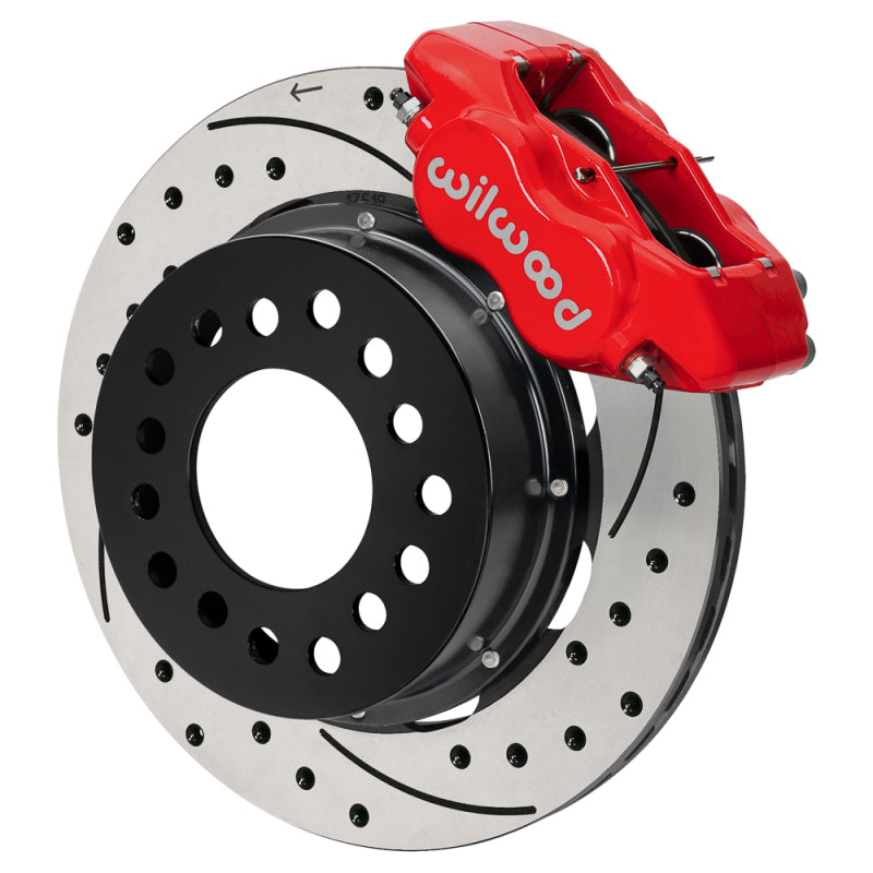 Wilwood Ford Mustang II Forged Dynalite front brake kit with 11.38-inch drilled and slotted rotors in red for high-performance braking.