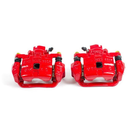 Pair of PowerStop rear red brake calipers with brackets for 2003-2006 Subaru Baja, performance brake calipers for enhanced stopping power.