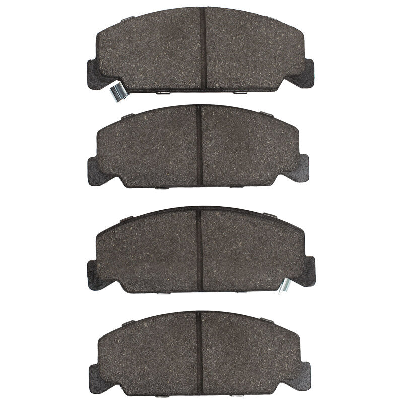 Honda CRX front R1 ceramic brake pads by R1 Concepts, OE type, shown with metal backing and friction material.