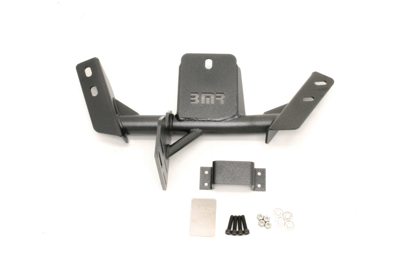 Black hammertone BMR Suspension torque arm relocation crossmember for 3rd gen F-Body with TH350 or PG transmission, shown installed.