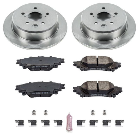 PowerStop OE rear brake kit for 2014-2015 Lexus IS250, including brake rotors and pads, installed on the vehicle's rear wheels.
