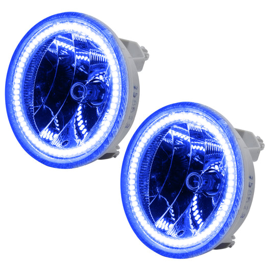 Oracle Lighting blue LED halo fog lights for 2007-2013 Chevrolet Avalanche, pre-assembled and mounted on the fog light assembly.