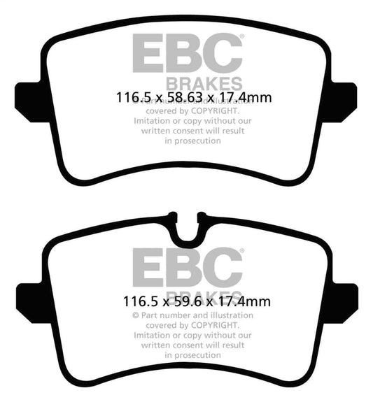 EBC Redstuff rear brake pads for Audi A6 2.0 Turbo performance braking system, showcasing the red friction material and metal backing plate.