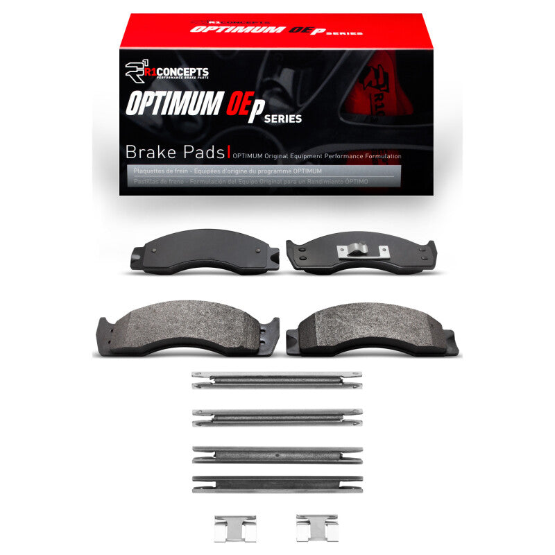 R1 Concepts Ford E-Super Duty performance brake pads and hardware kit for front and rear replacement, OEM quality.