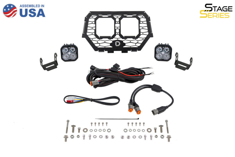 Diode Dynamics LED grille kit for 2014-2018 Polaris RZR XP with white and combo lights, includes stylish grille and LED lighting components.
