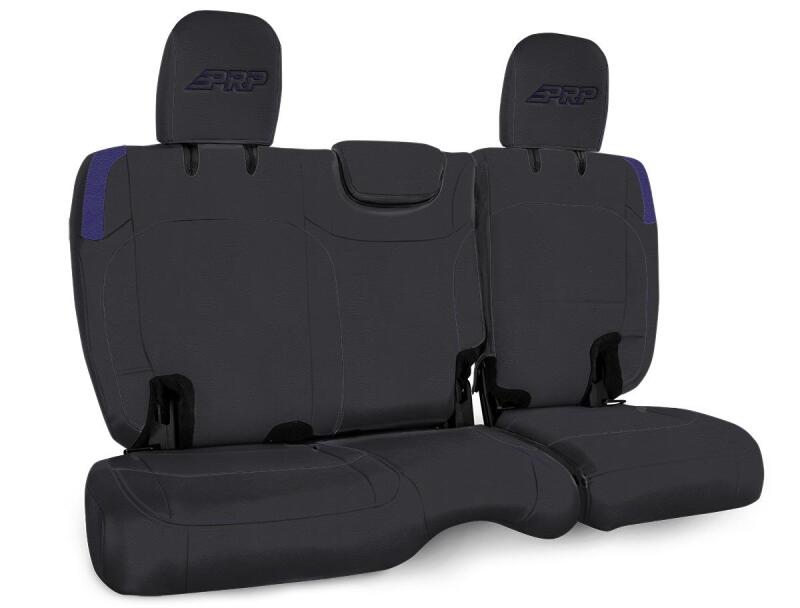 PRP Seats black and purple rear bench seat covers for Jeep Wrangler JL 4-door without armrest, made of durable seat cover material.