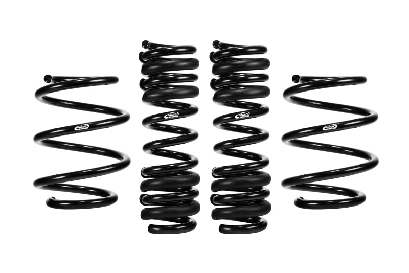 Eibach Pro-Kit lowering springs for BMW M3 G80 Competition Xdrive, visible on a black sports car with close-up of spring suspension.