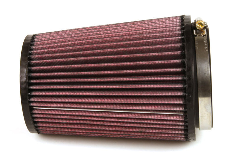K&N automotive air filter with 4-inch rubber flange, 5 3/8-inch base, 4 3/8-inch top, and 7-inch height, universal fit