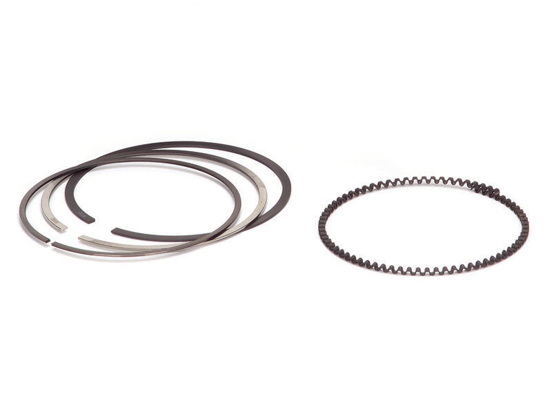 Supertech piston rings set with high performance gas nitrided rings, showing three different ring sizes on a plain background.