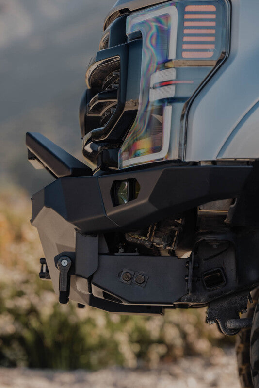 Steel front bumper for Ford F-250/F-350 Super Duty by DV8 Offroad, part of the Spec Series, showing rugged off-road design