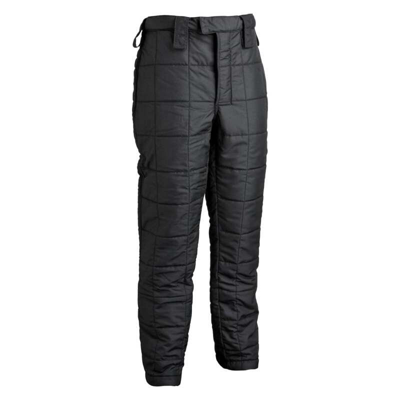Black Sparco racing suit pants stint with branding and sleek design, made for motorsport performance and safety.