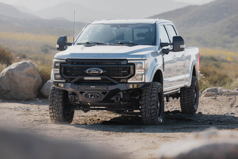 Steel front bumper for Ford Super Duty F-250/F-350, DV8 Offroad Spec Series, designed for durability and off-road protection.