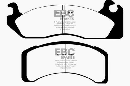 EBC Ultimax2 front brake pads for Ford Fairmont 2.3, OE style brake pads showing the black friction material and metal backing plate.