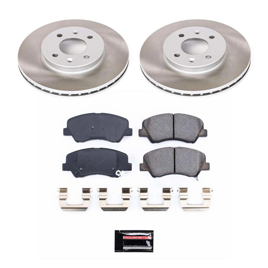 PowerStop Kia Rio front semi-coated brake rotor kit, performance blank brake kit showing new rotors and brake components.