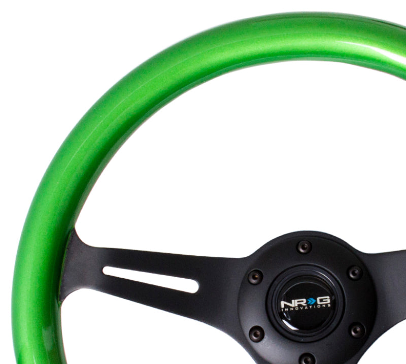 NRG Classic wood grain steering wheel, 350mm, green pearl flake paint, black 3-spoke center, automotive steering wheel.