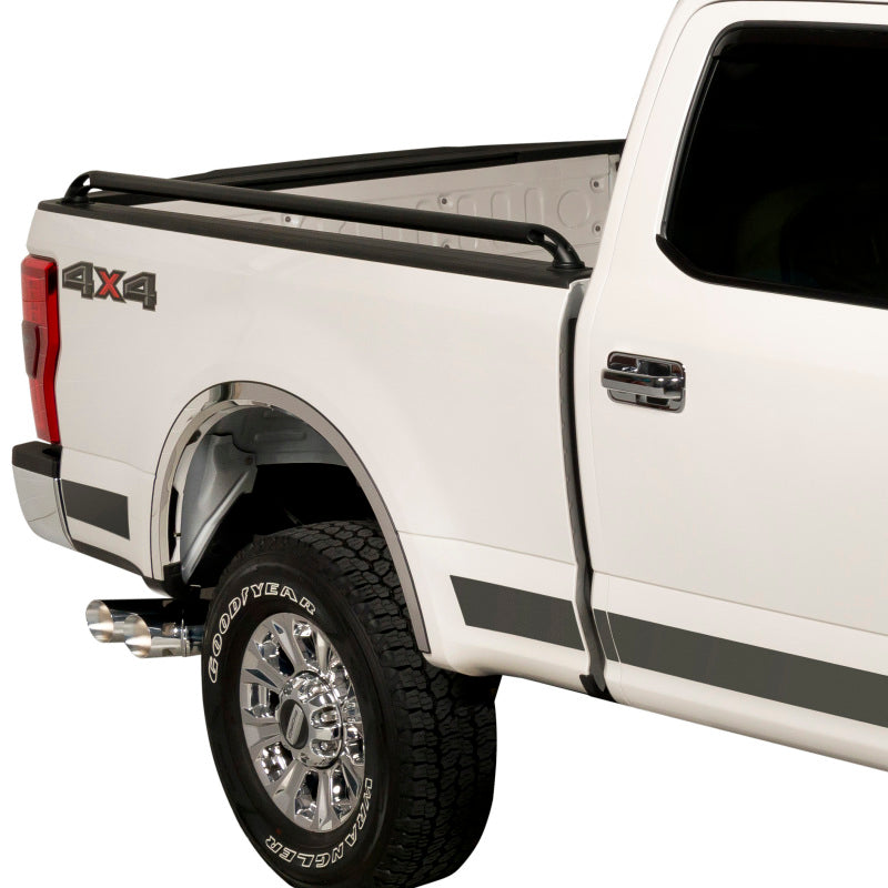 Putco black powder-coated 6.5ft bed locker side rails on a Toyota Tundra, exterior body armor and rock rails for truck protection.