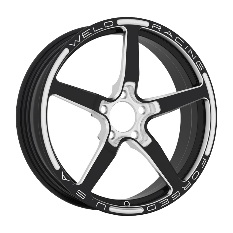 Weld Alumastar Frontrunner 18x6 alloy forged wheel in gloss black milled finish with 5x115 bolt pattern and 2.7-inch backspacing.