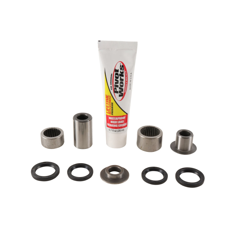 Pivot Works rear shock bearing kit for Kawasaki KFX450R control arms, includes replacement bearings for improved suspension performance.