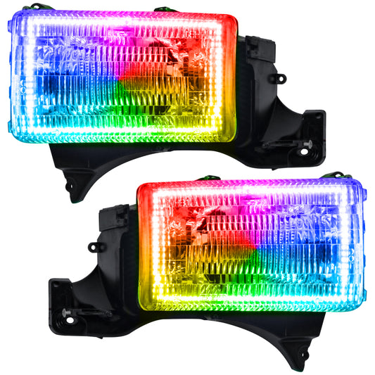 Oracle Dodge Ram halo headlights with ColorSHIFT, pre-assembled, featuring a simple controller for customizable lighting effects.