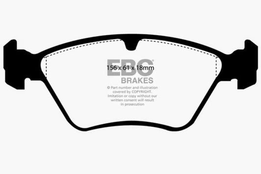 EBC Ultimax2 front brake pads for Saab 900 2.0 Turbo 1994-1996, OE quality brake pads showing the product packaging and pads.
