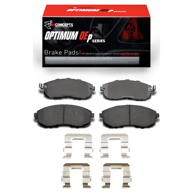 R1 Concepts Suzuki SX4 2007-2014 front OE brake pads and hardware kit, showing new brake pads with hardware components.