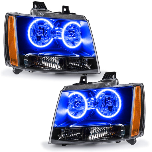Oracle Lighting blue LED halo headlights for 2007-2014 Chevrolet Suburban, pre-assembled automotive headlights with halo accents.